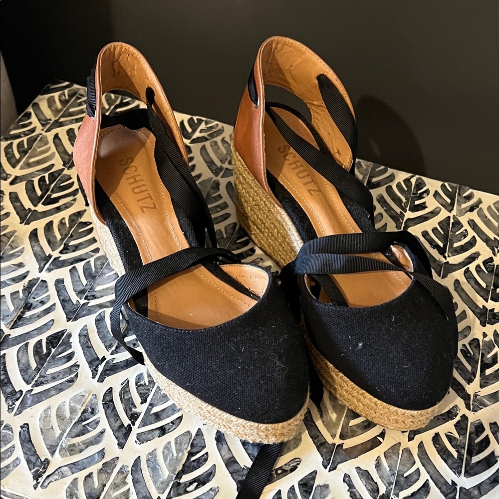 SCHUTZ Black and Brown Espadrille Wedges
